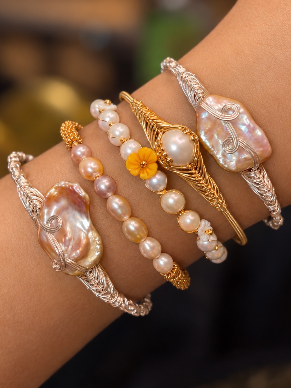 PICK 1 Pearl Bangle Cuff • Handmade Baroque Rice Round Floral Gold Silver Pastel